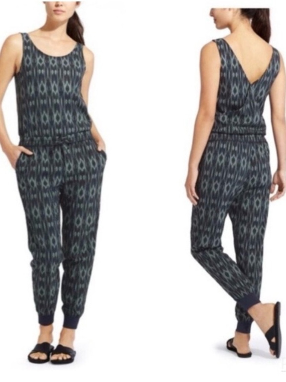 Athleta Dark Green & Black Ikat-Print Backless Jumpsuit